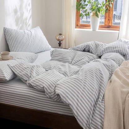 FOSSA Striped Duvet Cover Set Washed Cotton Linen Feel Oversized King Plus