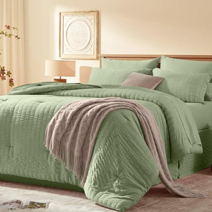 Laojin Balhen Twin Comforter Set 5 Pieces, Sage Green Seersucker Bed in a Bag Set Twin Size, All Season Luxury Bedding Sets with Comforter, Sheets, Pillowcase & Sham