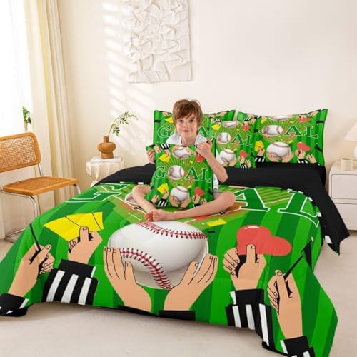 Erosebridal Green Baseball Ball Games Sports Theme 7 Piece Bedding Set Twin | Boys Gaming Pattern Boys Kids Comforter Set with Sheets Stripes Geometric Bed in A Bag Playground Bed Sets