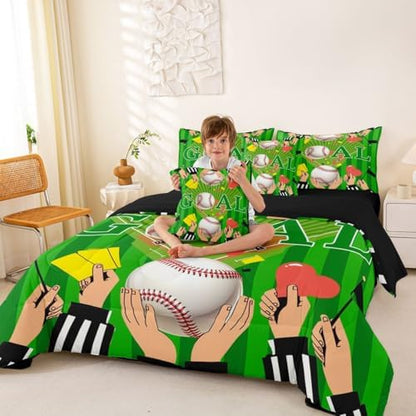 Erosebridal Green Baseball Ball Games Sports Theme 7 Piece Bedding Set Twin | Boys Gaming Pattern Boys Kids Comforter Set with Sheets Stripes Geometric Bed in A Bag Playground Bed Sets