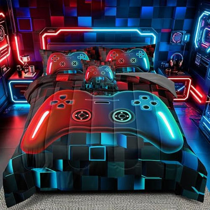 6 Pieces Kids Queen Size Gaming Bedding Set, Red Blue 3D Gradient Game Controller Comforter Set for Boys Girls Teens, Gamer Bed in a Bag Room Decor All Season Queen53