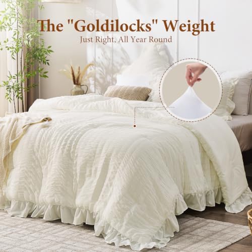 JOLLYVOGUE Cream Queen Comforter Set,3pcs Seersucker Comforters Queen Size