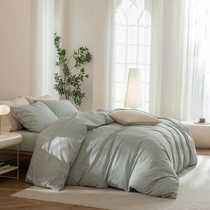 JIYUAN Oversized King Washed Cotton Duvet Cover Set, Linen-Like Pinstripe