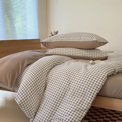 NSNLGSGC Tan Gingham Grid Twin Size Duvet Cover Set