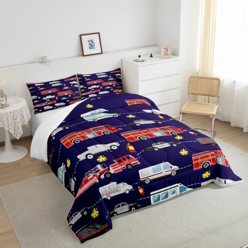 Feelyou Fire Truck Bedding Bed Set Police Car Comforter Set for Kids Boys Girls Teens Decor Engine Ambulance Cute Comforter Emergency Vehicle Blue Soft Quilt Room 3Pcs Queen Size Boys