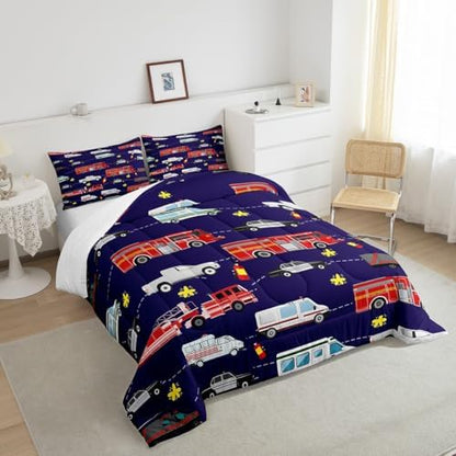 Feelyou Fire Truck Bedding Bed Set Police Car Comforter Set for Kids Boys Girls Teens Decor Engine Ambulance Cute Comforter Emergency Vehicle Blue Soft Quilt Room 3Pcs Queen Size Boys