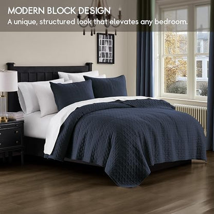 palassio Navy Blue 100% Cotton Quilt Queen Size Bedding Sets with 2 Pillow Shams, Textured Lightweight Soft Bedspread Shabby Chic Coverlet, Quilted Comforter Bed Cover for All Season, 3 Pieces