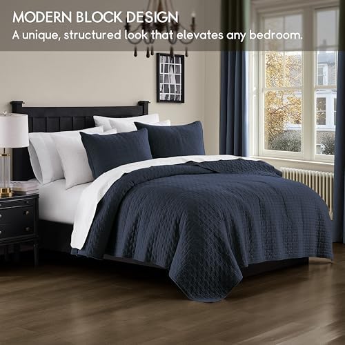 palassio Navy Blue 100% Cotton Quilt California Cal King Size Bedding Sets with 2 Pillow Shams, Oversized Lightweight Bedspread Shabby Chic Coverlet, Soft Bed Cover for All Season, 3 Pieces