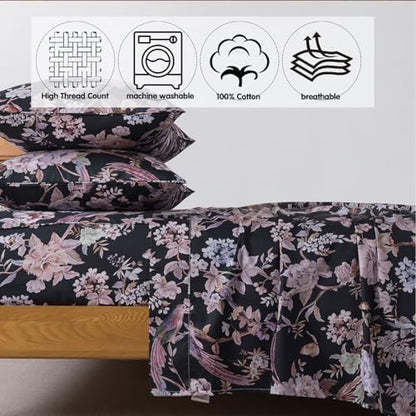 FADFAY California King Sheet Set,4-Piece 100% Cotton, Vintage Black Floral & Bird Print Bedding, Deep Pocket Fitted Sheet, Soft & Breathable for All Seasons