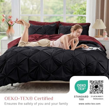 JOLLYVOGUE Full Size Comforter Sets 7 Pieces - Bed in a Bag Full for All Season, Pintuck Bedding Comforter Sets with Comforter, Flat Sheet, Fitted Sheet and Pillowcases & Shams, Black & Burgundy