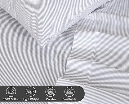RUVANTI 100% Cotton Queen Sheets, Percale Queen Sheet Set, Grey Pinn Stripe