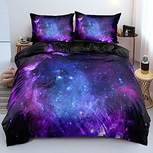 Galaxy Duvet Cover Space Bedding Set Twin Size for Teen Kids, for Boys and Girls Purple Bed Set Printed with 1 Comforter Cover and 2 Pillowcases
