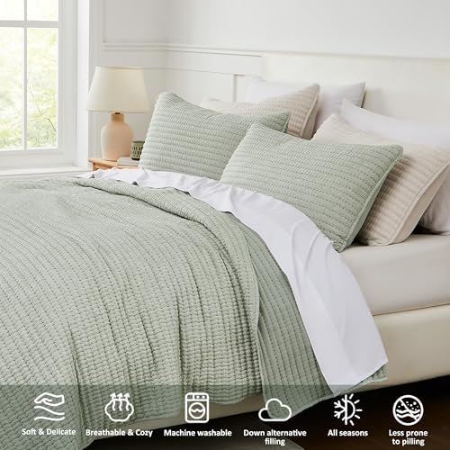 WDCOZY Sage Green Twin Size Pick Stitch Quilt Set, 2 Pieces 68x90 inches