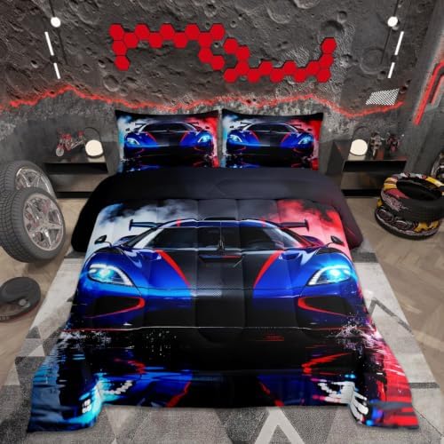 Feelyou Boys Sports Car Bedding Set Soft for Boys Girls, Racing Car Comforter Set Queen Size Extreme Sports Duvet Quilt Microfiber Automobile Bedroom Decor 3 Pcs with 2 Pillow Cases