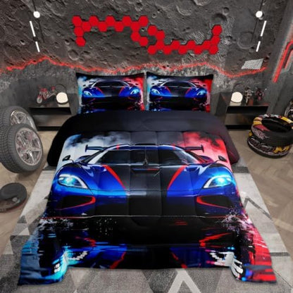 Feelyou Boys Sports Car Bedding Set Soft for Boys Girls, Racing Car Comforter Set King Size Extreme Sports Duvet Quilt Microfiber Automobile Bedroom Decor 3 Pcs with 2 Pillow Cases