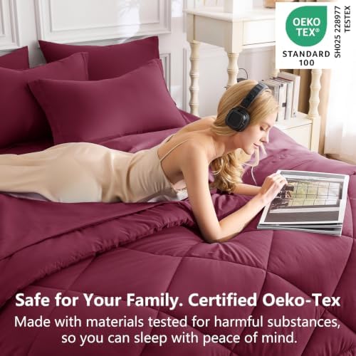 CozyLux Queen Comforter Set 88"x88" Burgundy - 7 Piece Bed in a Bag