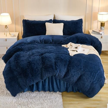 Andency Navy Blue Comforter Full Size Set, Fluffy Faux Fur Warm Bedding Set