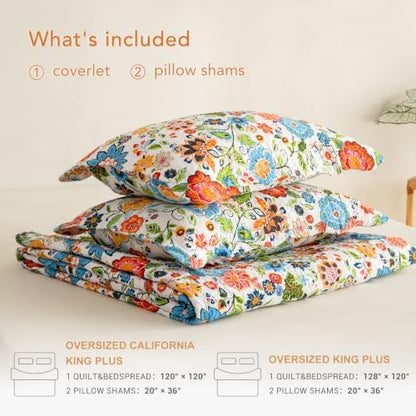 Lady Ann Oversized King Quilt 120x120 - Vibrant Multicolor Folk Flowers Print Quilted Bedspread Set, Soft Lightweight Bohemian Farmhouse Coverlet with Scalloped Edge, 3 PCS Cotton Bedding Set