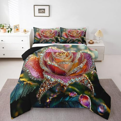 jejeloiu Glitter Rose Comforter Set Full Size Kids Rose Floral Flower Bedding Set for Boys Girls Teens Garden Flower Duvet Breathable Romantic Quilt Bedroom Decor,1 Comforter with 2 Pillowcase