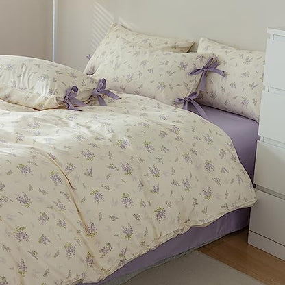 Queen Comforter Set White Purple Floral Bedding Comforter Garden Style Lilac Flower Comforter with 2 Bow Ties Pillowcases Fluffy Girls Floral Bedding Set Vintage Flower Botanical Comforter Set Queen