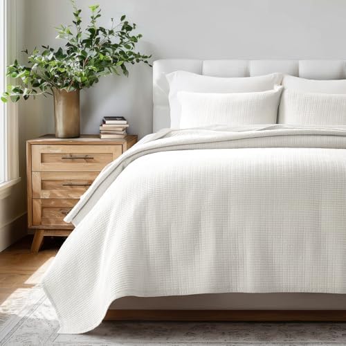 EverGrace 100% Cotton Modern Grid Stitch Quilt Set, King Size, Bright White