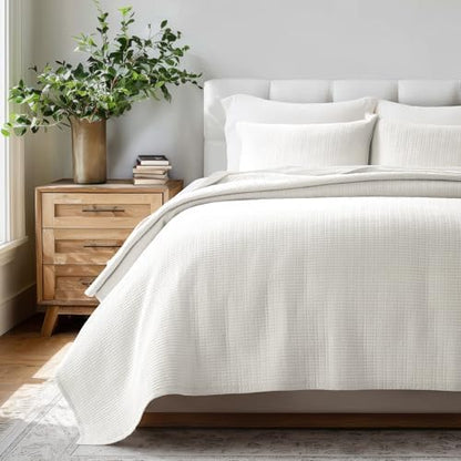 EverGrace 100% Cotton Modern Grid Stitch Quilt Set, King Size, Bright White