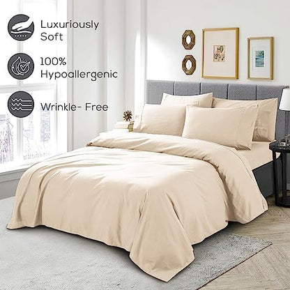 Mueller Ultratemp Bed Sheets Set, Super Soft, 6 Piece California King Sheet Sets, Deep Pocket up to 16", Transfers Heat, Breathes Better, Hypoallergenic, Wrinkle-Resistant, Oeko-TEX, Cream