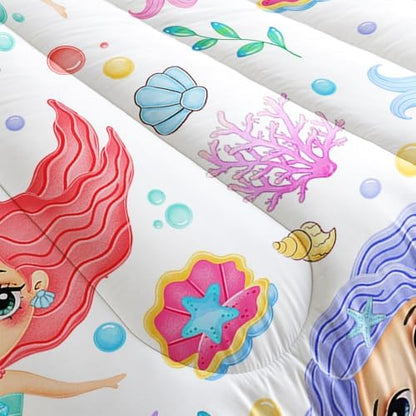 Mermaid Comforter Set Twin Size Fairy Tale Sea Shell Grass Bedding Set Starfish Quilt Bed Set for Kid Girls with 1 Comforter and 2 Pillowcases