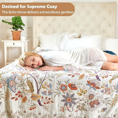 VANJOROY Boho Throw Blanket, 100% Organic Cotton Breathable Skin-Friendly Ultra Soft Bed Quilt Throw - All Season Floral Farmhouse Décor Luxury Blanket for Sofa Couch Chair and Gift. 60" x 80"