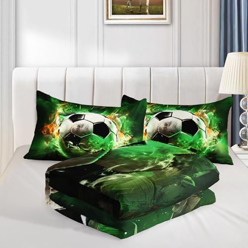 Green Soccer Bedding Comforter Set Queen Size with 2 Pillowcases.