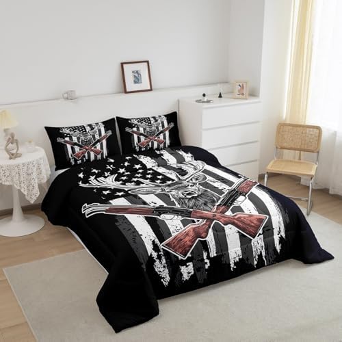 Erosebridal Deer Comforter Set American Flag Bedding Set Full Size Hunting Theme Duvet Set Western Rustic Farmhouse Decor Quilts Wild Animal Elk Print Down Comforter USA Flag Comforter 3 Pcs