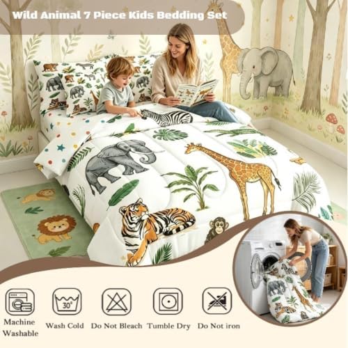 Erosebridal Wild Animal Kids Comforter Set Full 7 Piece Cartoon Elephant Giraffe Bed in A Bag Safari Animals Bedding Sets for Kids Crocodile Tiger Zebra Palm Tree Tropical Sheet Set with Comforter