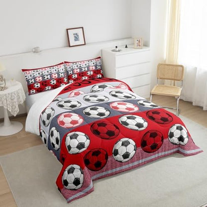 Homewish Soccer Pattern King Size Comforter Set,Kids Red Gray Stripe Decor All Season Bedding Set,Teens Soccer Sports Comforter,Sport Gaming Decor Quilt Set Bedroom Collection 3Pcs