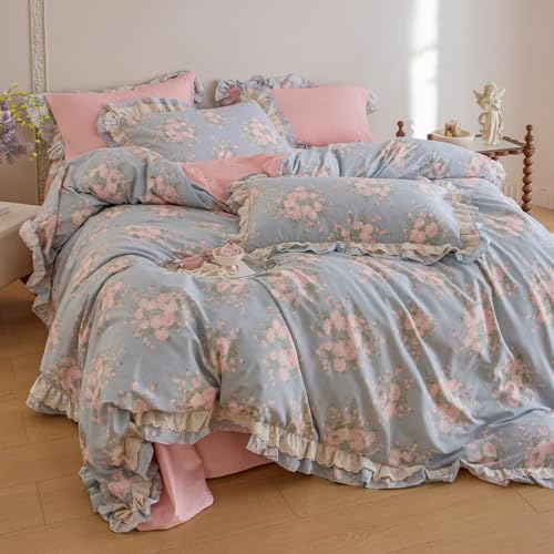Blue Floral Duvet Cover Set with Pink Flower Pattern Twin XL, Romantic Ruffle Comforter Cover for Kids Girls, Vintage Botanical Cottagecore Bedding 100% Cotton Princess Duvet Cover with 2 Pillowcase