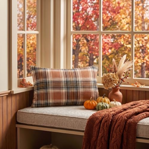 AVOIN colorlife Fall Caramel Brown Plaid Decorative Throw Pillow Covers, 12 x 20 Inch Holiday Scottish Tartan Cushion Case Farmhouse Decoration for Sofa Couch Set of 2