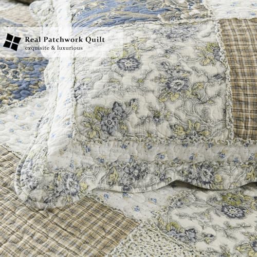 Yvooxny Quilt Set Queen Size Reversible Country Farmhouse Floral Real Patchwork Quilted Bedspread 3-Piece Quilt Set with Pillowcases with Ruffles for All Seasons, 90 x 98 Inches