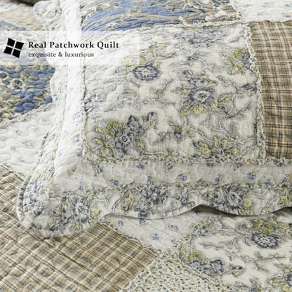 Yvooxny Quilt Set Queen Size Reversible Country Farmhouse Floral Real Patchwork Quilted Bedspread 3-Piece Quilt Set with Pillowcases with Ruffles for All Seasons, 90 x 98 Inches