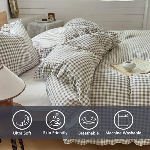 NSNLGSGC Tan Gingham Ruffle Twin Duvet Cover