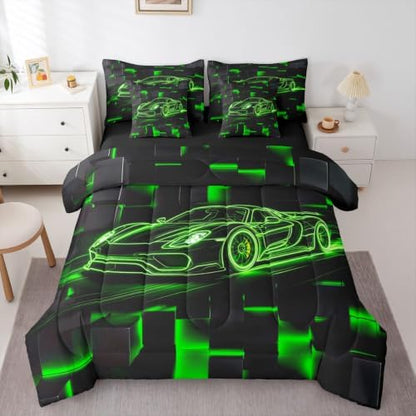 Feelyou Green Race Car Comforter Set King Size 7 Pieces Breathable Soft