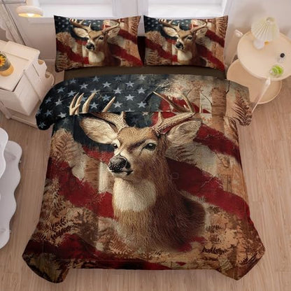 5PCS Deer Comforter Sets Twin,Boys Camo Bedding Twin,American Flag Comforter,Camo Bed Set for Boys,Adults,Teens