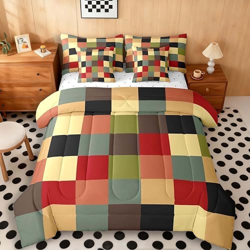 jejeloiu Classic Plaid Bedding Set 7Pcs King Size Kids Checkered Grid Comforter Set with Sheets for Boys Girls Buffalo Check Bed in a Bag Soft Lightweight,Microfiber