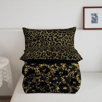 Black Leopard Kids Comforter Set King Size,Wild Animal Cheetah Skin Abstract Bedding Set,Girls Boys Room Decor,Wildlife Golden Glitter Modern Quilt Comforter,Fashion Duvet Insert,2 Pillowcases