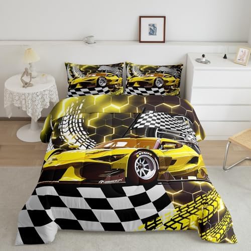 Toddler Race Car Bed for Boys,Yellow Neon Lights Honeycomb Bedding Set Cool Sports Car Glitter Beehive Geometric Hexagon Queen Comforter Set,Black White Grid Lattice Quilt Buffalo Plaid Decor