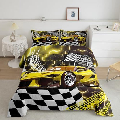 Toddler Race Car Bed for Boys,Yellow Neon Lights Honeycomb Bedding Set Cool Sports Car Glitter Beehive Geometric Hexagon Comforter Set Full,Black White Grid Lattice Quilt Buffalo Plaid Decor