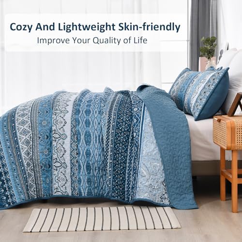 WONGS BEDDING Blue Quilt Queen Size,3 Pieces Bohemian Bedspread