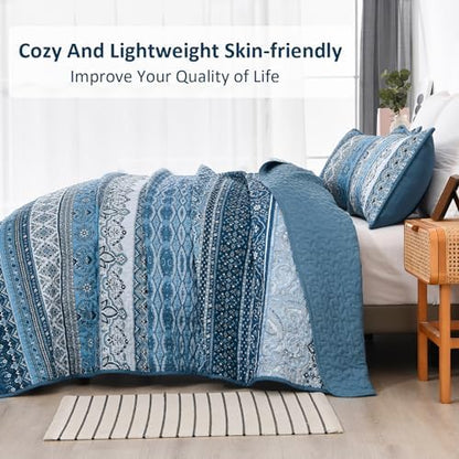 WONGS BEDDING Blue Quilt Queen Size,3 Pieces Bohemian Bedspread