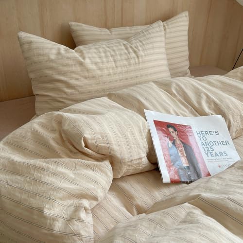 mixinni Retro Striped Duvet Cover Set Twin Size - 100% Washed Cotton Beige Duvet Cover with Black White Stripes, Soft Breathable 3 Piece Comforter Cover with Zipper Closure & Corner Ties