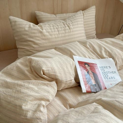mixinni Retro Striped Duvet Cover Set Twin XL Size - 100% Washed Cotton Beige Duvet Cover with Black White Stripes, Soft Breathable 3 Piece Comforter Cover with Zipper Closure & Corner Ties