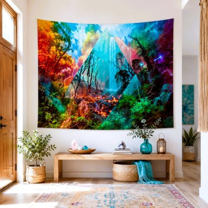 Delur Forest Tapestry Waterfall Mountain Rainforest Sunset Nature Tree Tapestry Wall Hanging Scenic Tropical Landscape Natural Sunrise Headboard for Bedroom Living Room Home Decor (51.2" x 59.1")