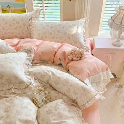Vintage Floral Duvet Cover Set Twin XL, Chic Coquette Flower Botanical Bedding Set with Ruffle Lace, French Style 100% Cotton Cottagecore Duvet Cover, Aesthetic Flower Princess Lace Bedding Set